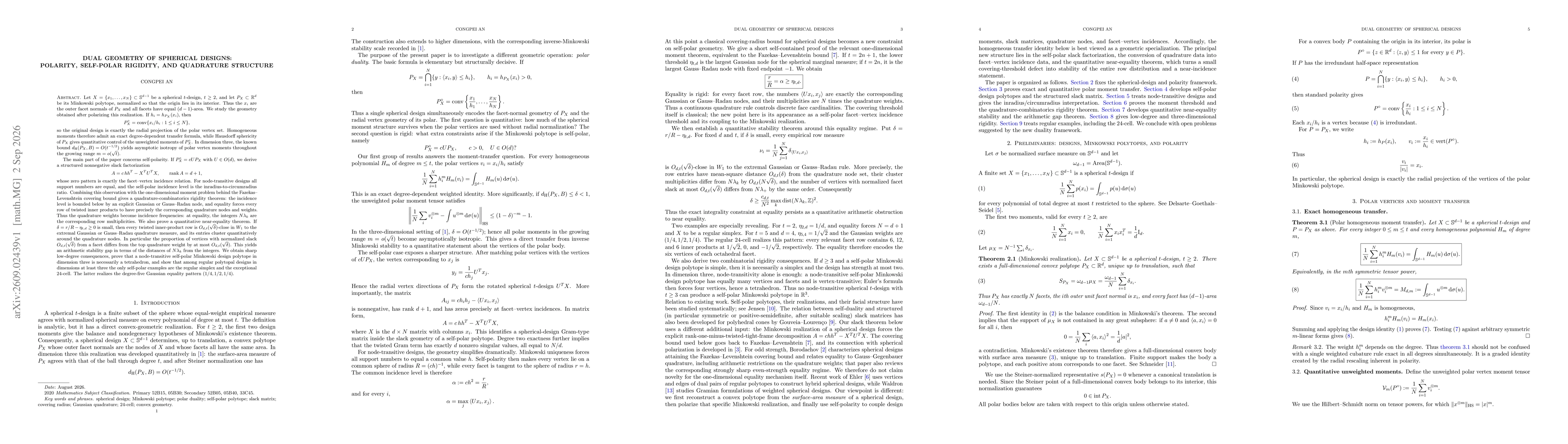 Thumbnail for Dual Geometry of Spherical Designs: Polarity, Self-Polar Rigidity, and Quadrature Structure