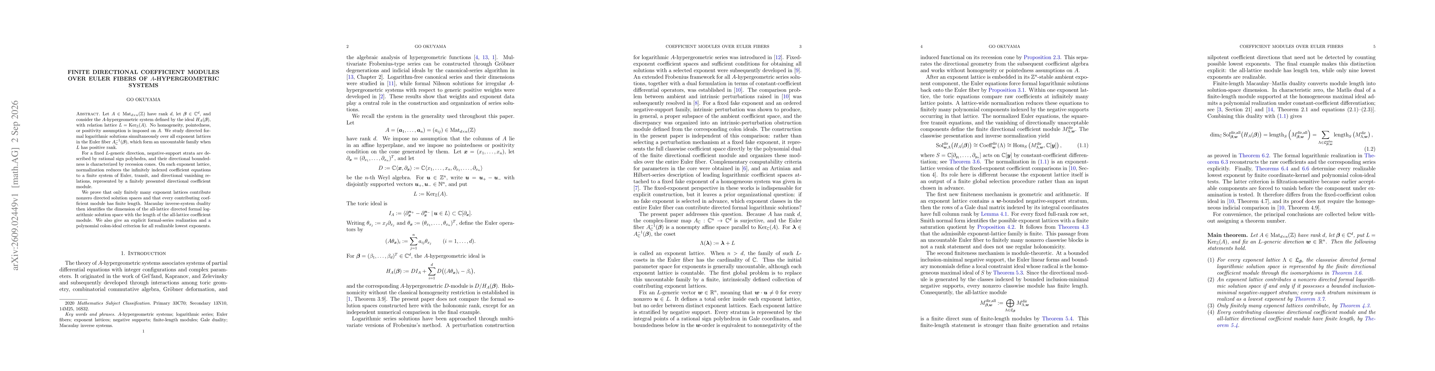 Thumbnail for Finite Directional Coefficient Modules over Euler Fibers of $A$-Hypergeometric Systems