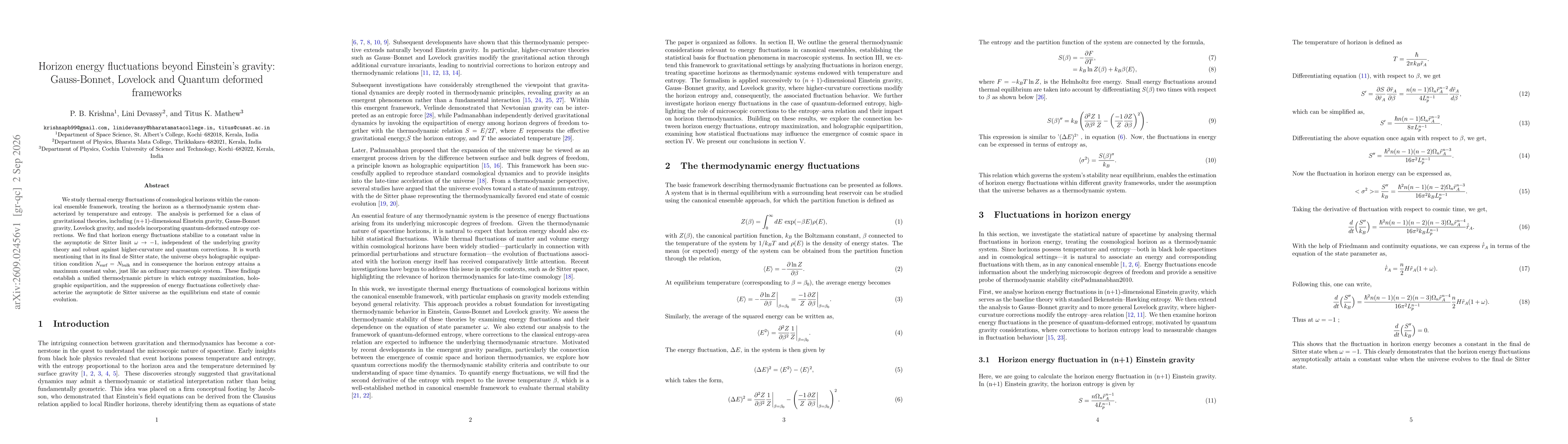 Thumbnail for Horizon energy fluctuations beyond Einstein's gravity: Gauss-Bonnet, Lovelock and Quantum deformed frameworks