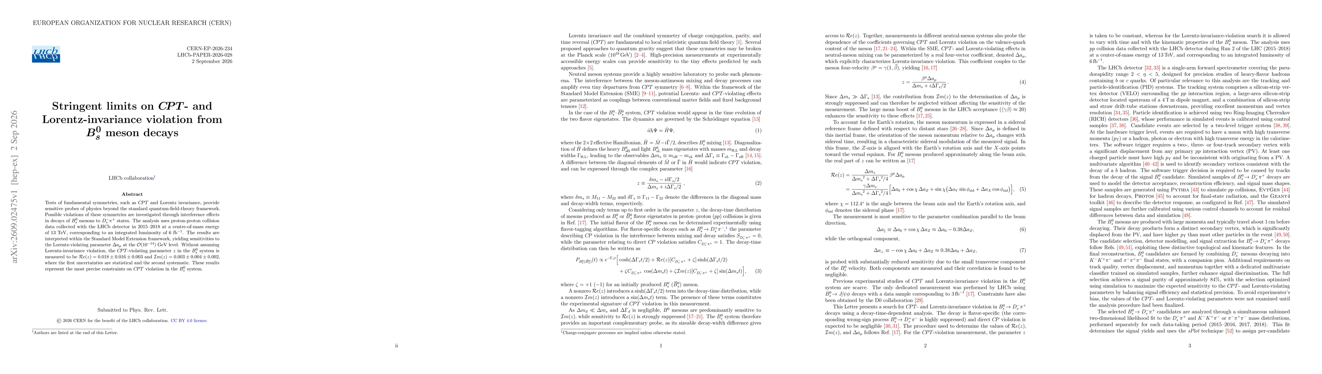 Thumbnail for Stringent limits on $C\!PT$- and Lorentz-invariance violation from $B_s^0$~meson decays