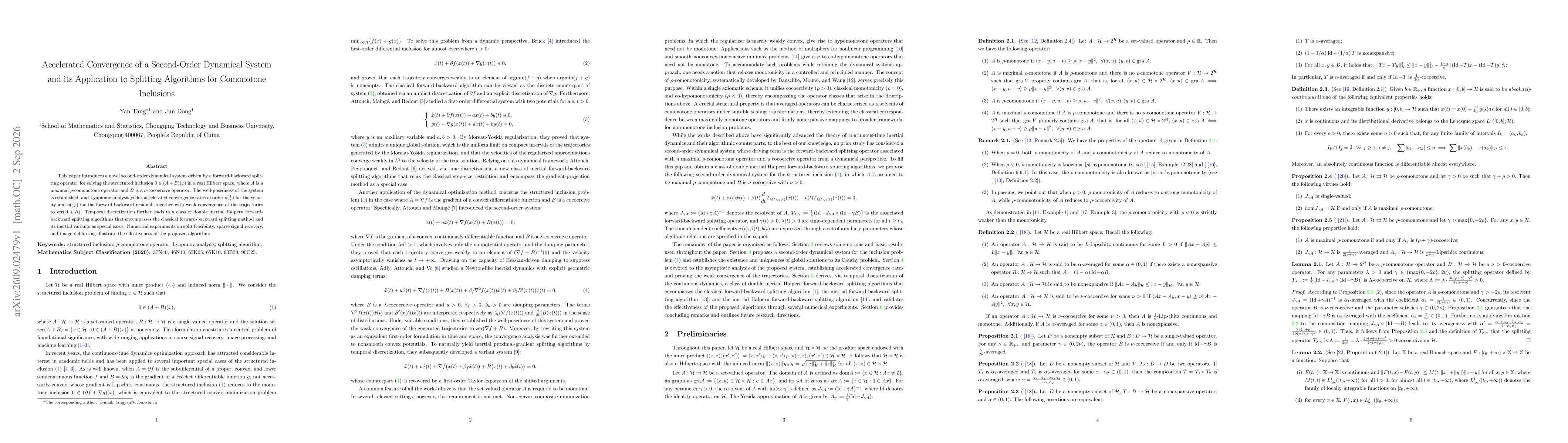 Thumbnail for Accelerated Convergence of a Second-Order Dynamical System and its Application to Splitting Algorithms for Comonotone Inclusions