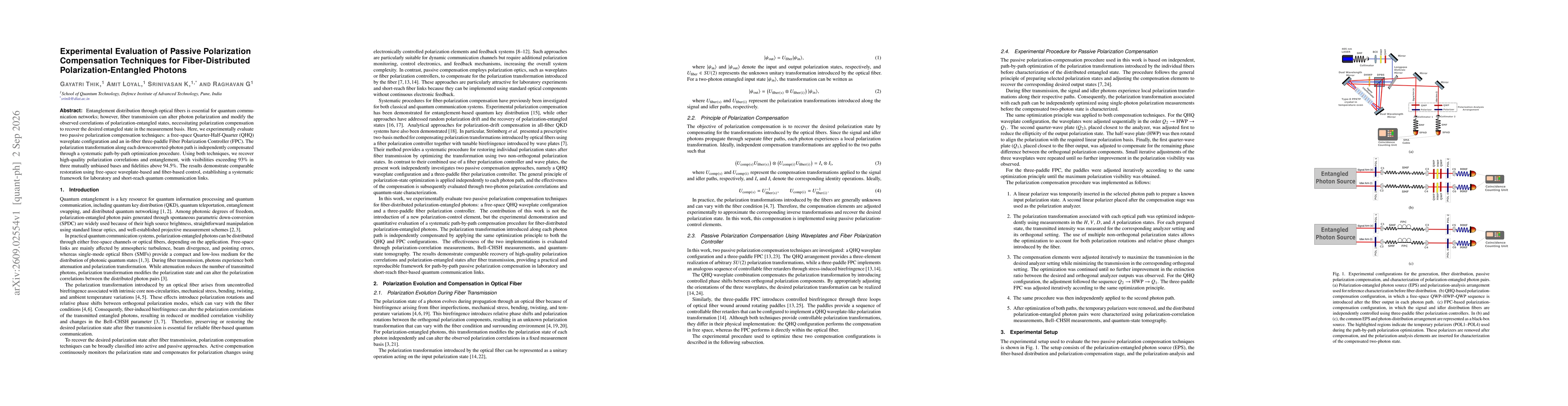 Thumbnail for Experimental Evaluation of Passive Polarization Compensation Techniques for Fiber-Distributed Polarization-Entangled Photons