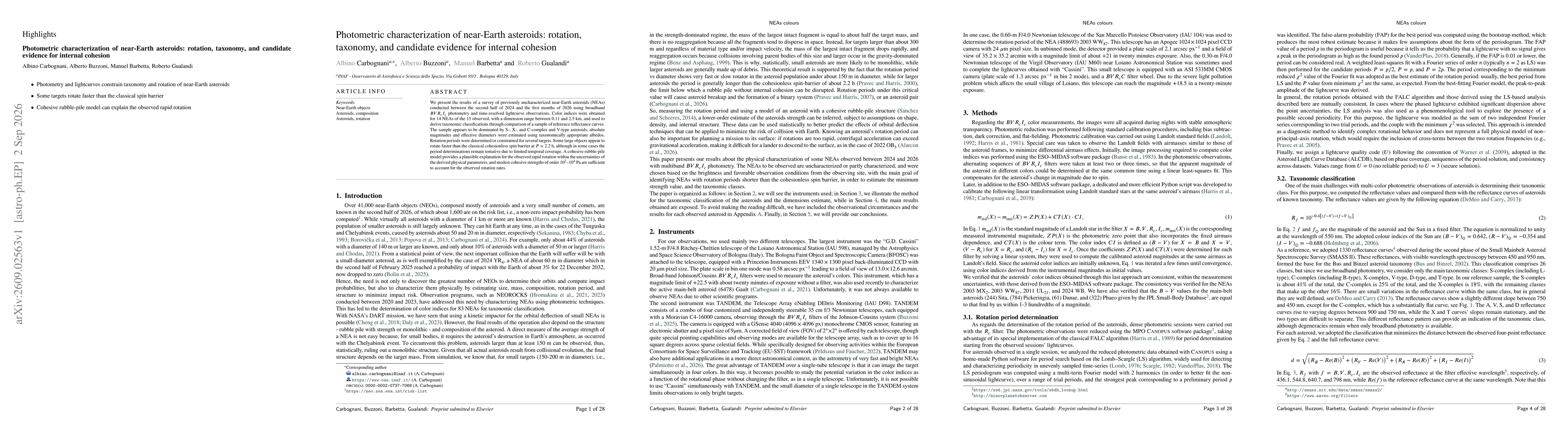 Thumbnail for Photometric characterization of near-Earth asteroids: rotation, taxonomy, and candidate evidence for internal cohesion