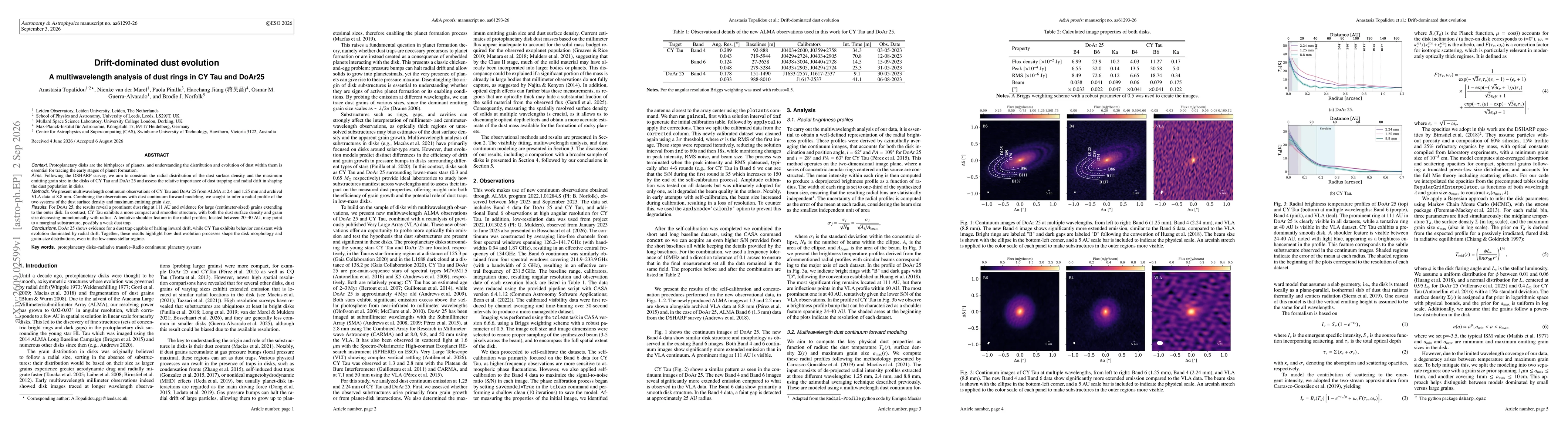 Thumbnail for Drift-dominated dust evolution. A multiwavelength analysis of dust rings in CY Tau and DoAr25