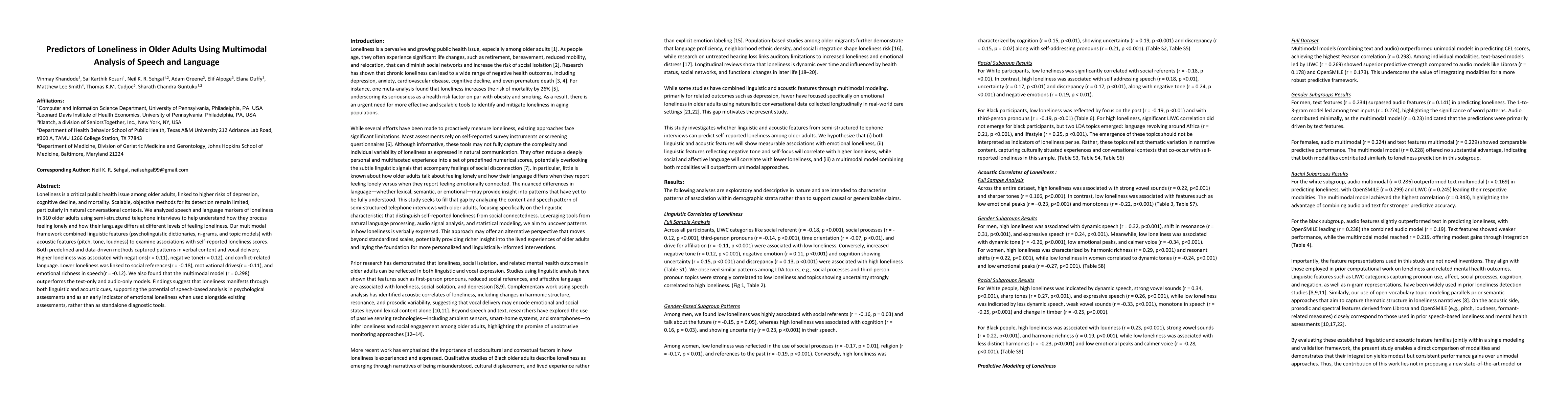 Thumbnail for Predictors of Loneliness in Older Adults Using Multimodal Analysis of Speech and Language