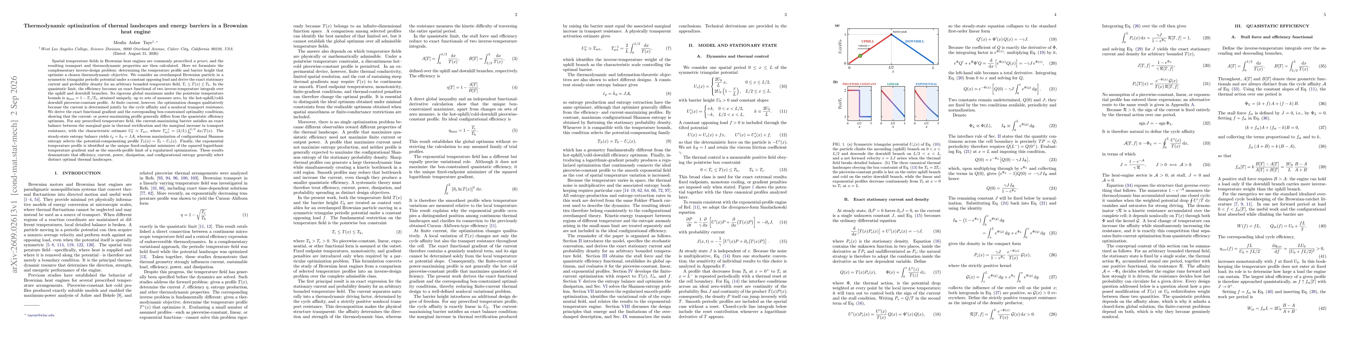 Thumbnail for Thermodynamic optimization of thermal landscapes and energy barriers in a Brownian heat engine