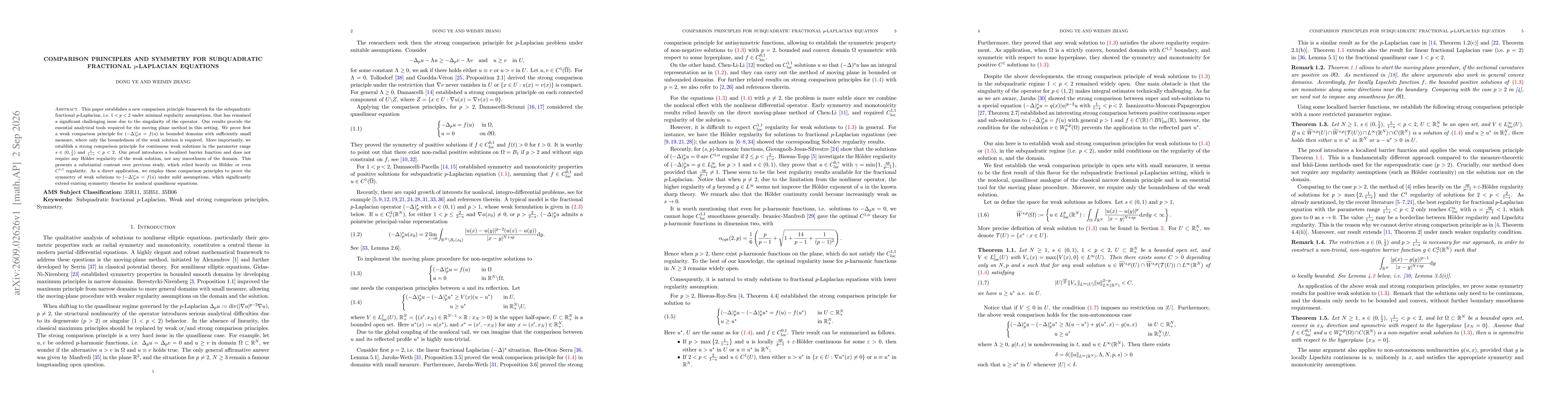 Thumbnail for Comparison principles and symmetry for subquadratic fractional $p$-Laplacian equations