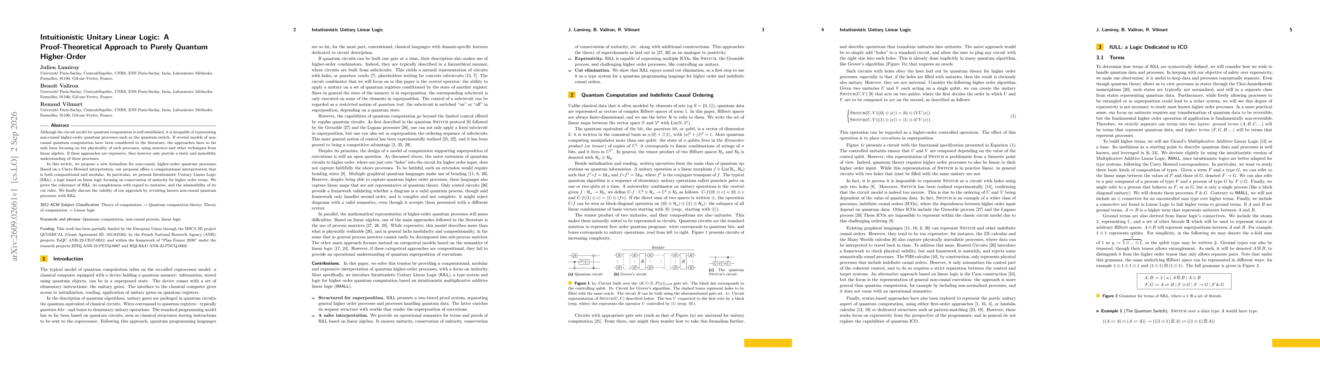 Thumbnail for Intuitionistic Unitary Linear Logic: A Proof-Theoretical Approach to Purely Quantum Higher-Order