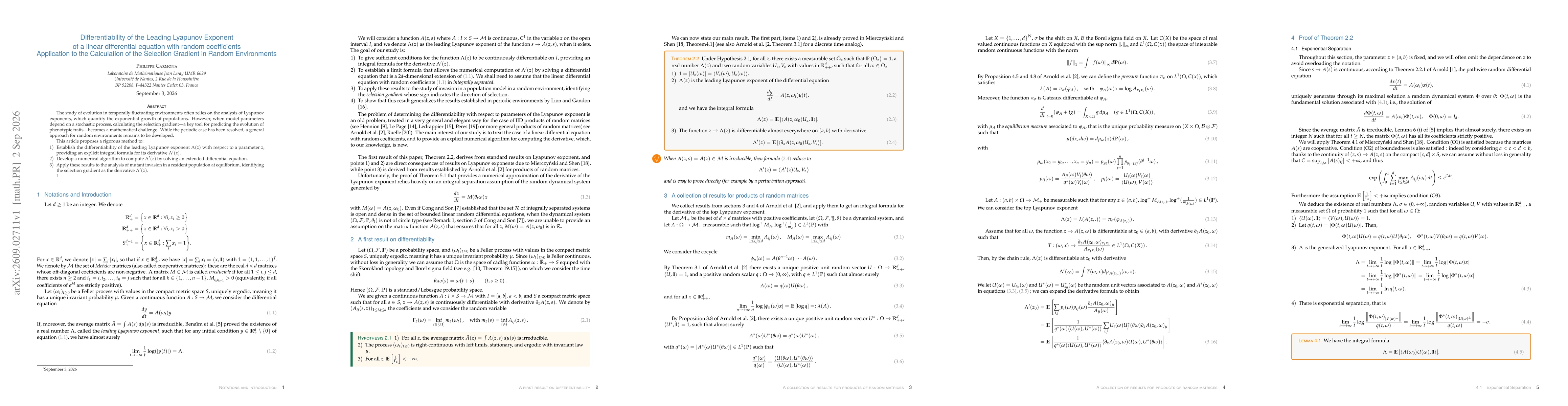 Thumbnail for Differentiability of the Leading Lyapunov Exponent of a linear differential equation with random coefficients Application to the Calculation of the Selection Gradient in Random Environments