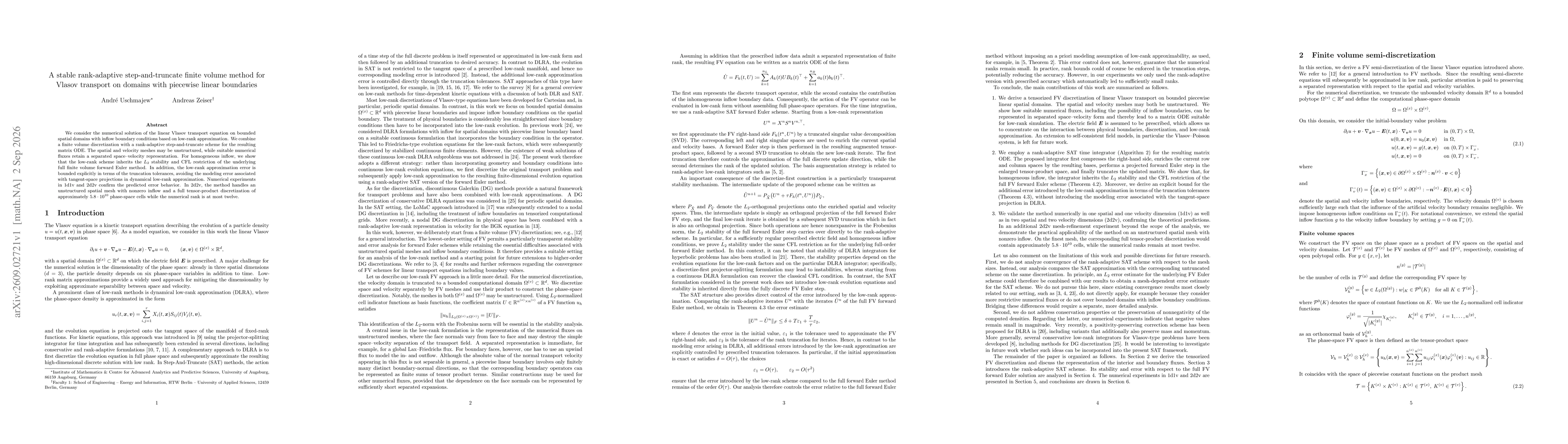 Thumbnail for A stable rank-adaptive step-and-truncate finite volume method for Vlasov transport on domains with piecewise linear boundaries