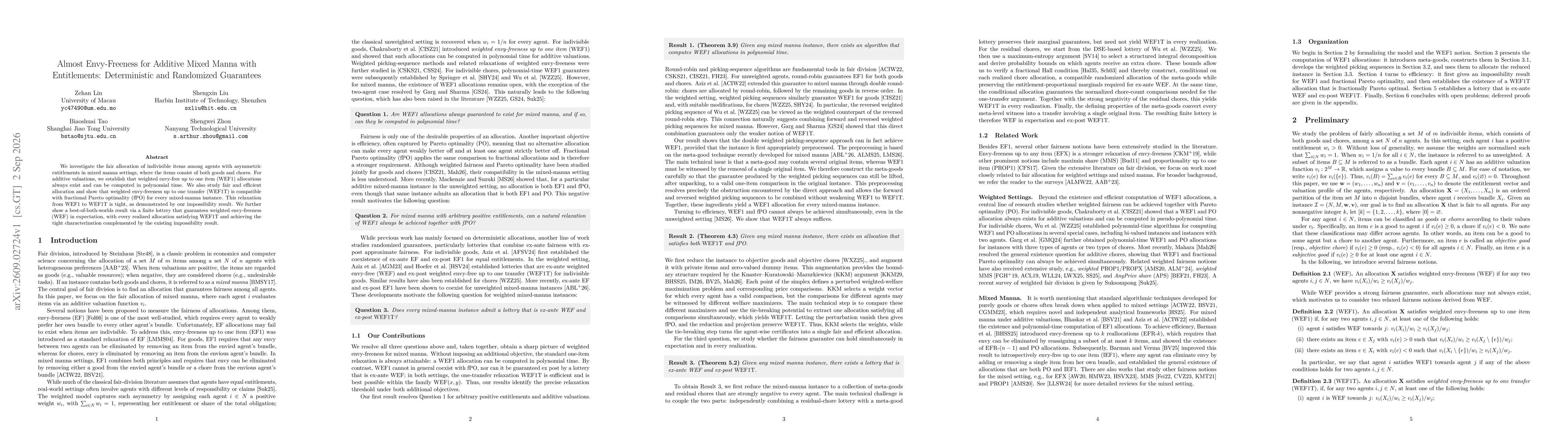 Thumbnail for Almost Envy-Freeness for Additive Mixed Manna with Entitlements: Deterministic and Randomized Guarantees