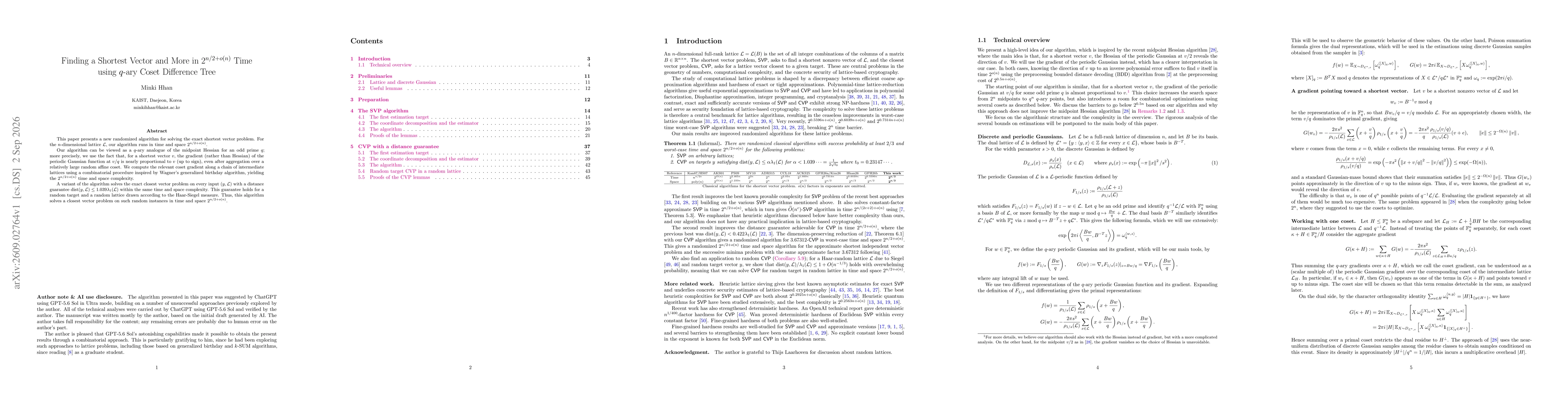 Thumbnail for Finding a Shortest Vector and More in $2^{n/2+o(n)}$ Time using $q$-ary Coset Difference Tree