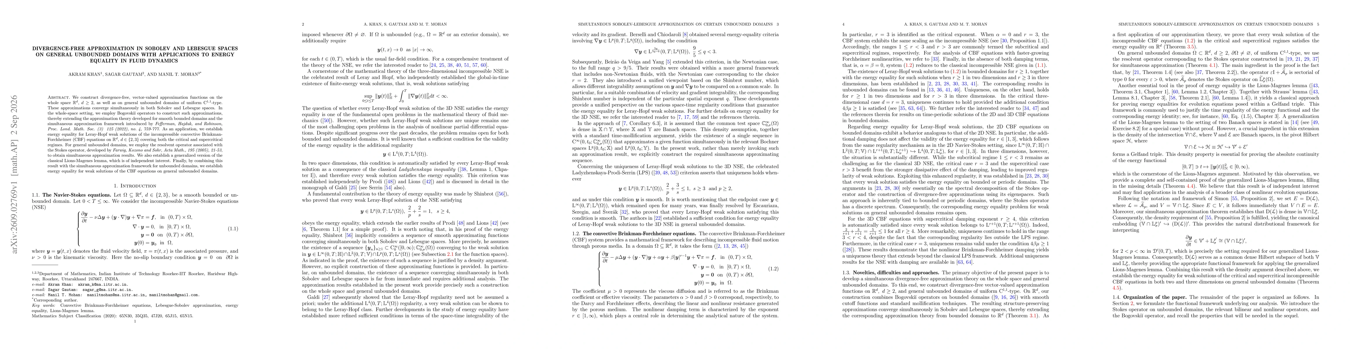 Thumbnail for Divergence-Free Approximation in Sobolev and Lebesgue Spaces on General Unbounded Domains with Applications to Energy Equality in Fluid Dynamics