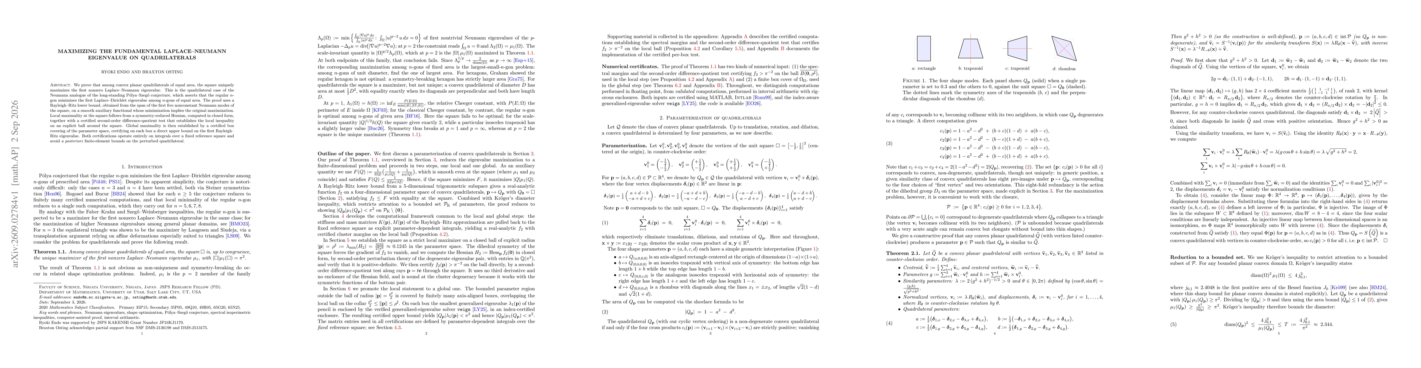 Thumbnail for Maximizing the fundamental Laplace--Neumann eigenvalue on quadrilaterals