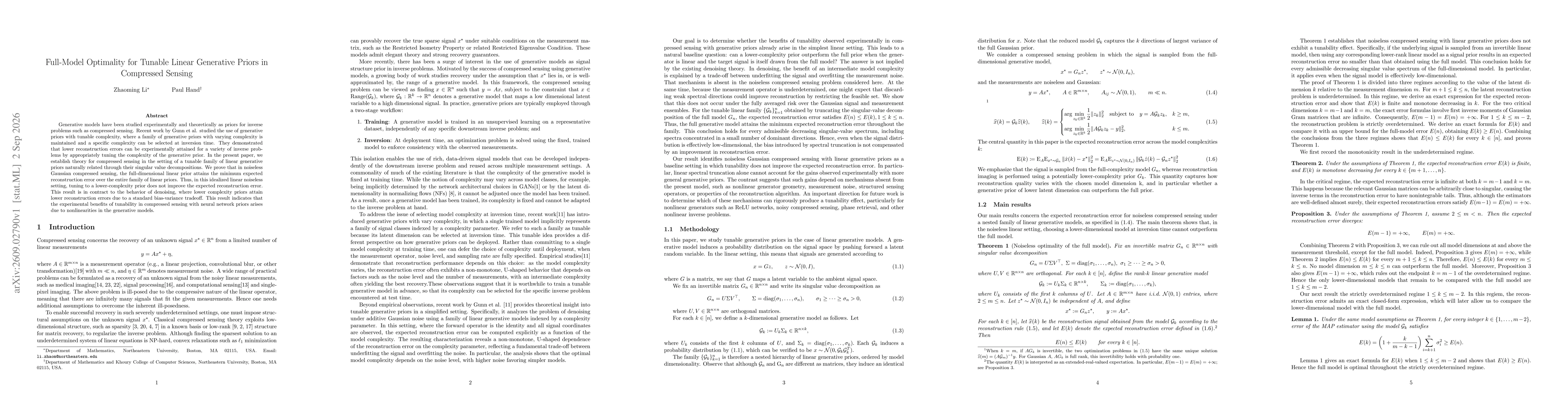 Thumbnail for Full-Model Optimality for Tunable Linear Generative Priors in Compressed Sensing