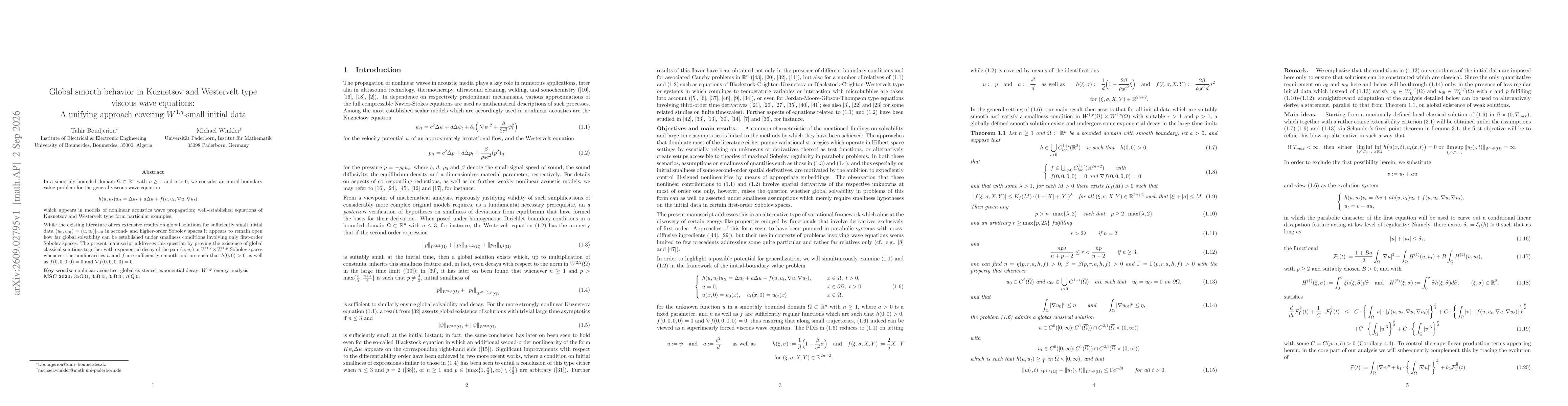 Thumbnail for Global smooth behavior in Kuznetsov and Westervelt type viscous wave equations: A unifying approach covering $W^{1,q}$-small initial data