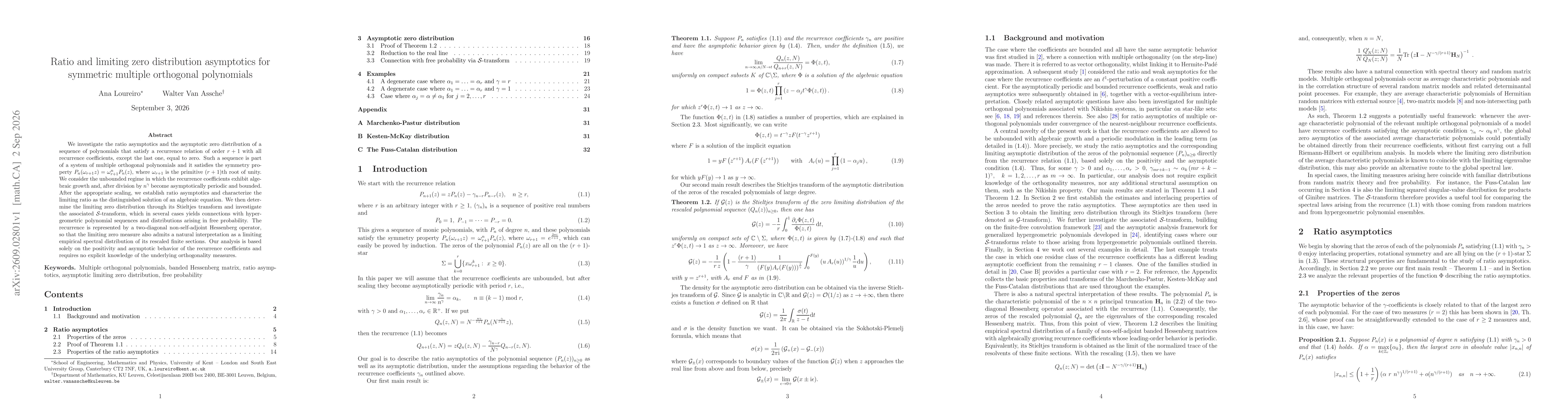 Thumbnail for Ratio and limiting zero distribution asymptotics for symmetric multiple orthogonal polynomials