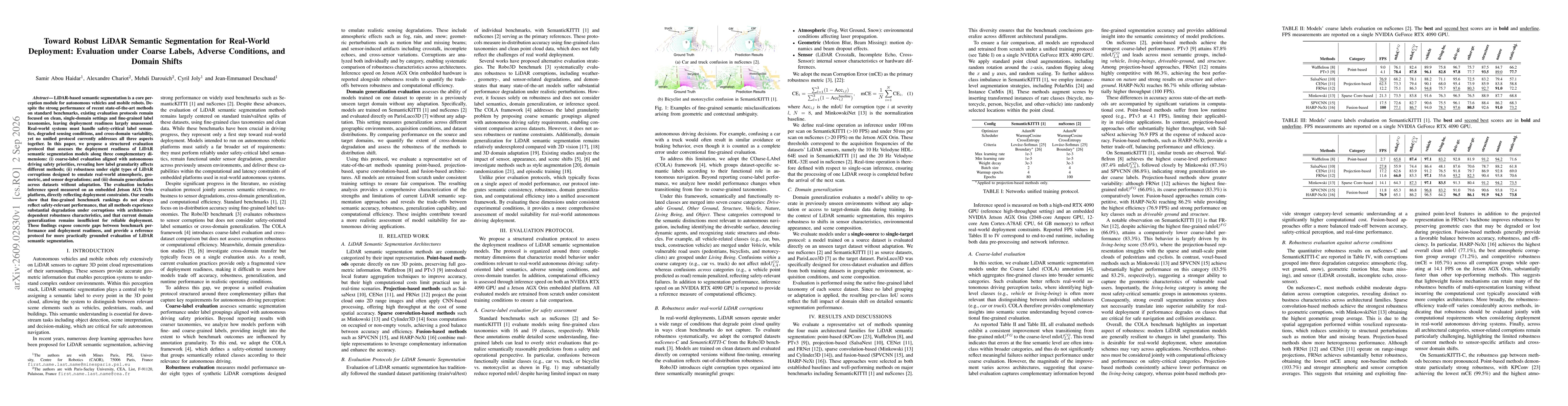 Thumbnail for Toward Robust LiDAR Semantic Segmentation for Real-World Deployment: Evaluation under Coarse Labels, Adverse Conditions, and Domain Shifts