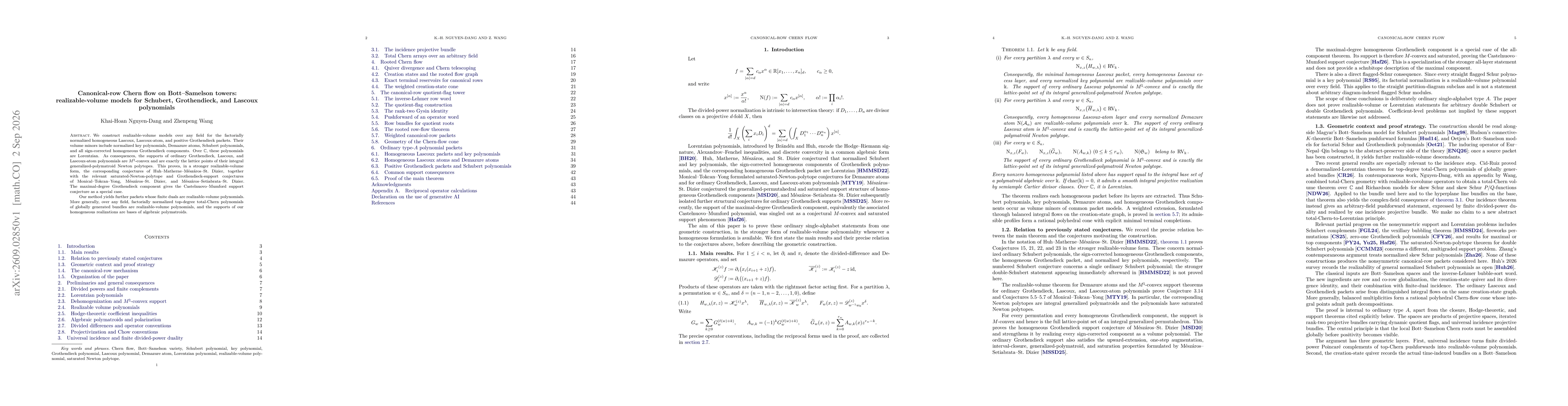 Thumbnail for Canonical-row Chern flow on Bott--Samelson towers: realizable-volume models for Schubert, Grothendieck, and Lascoux polynomials
