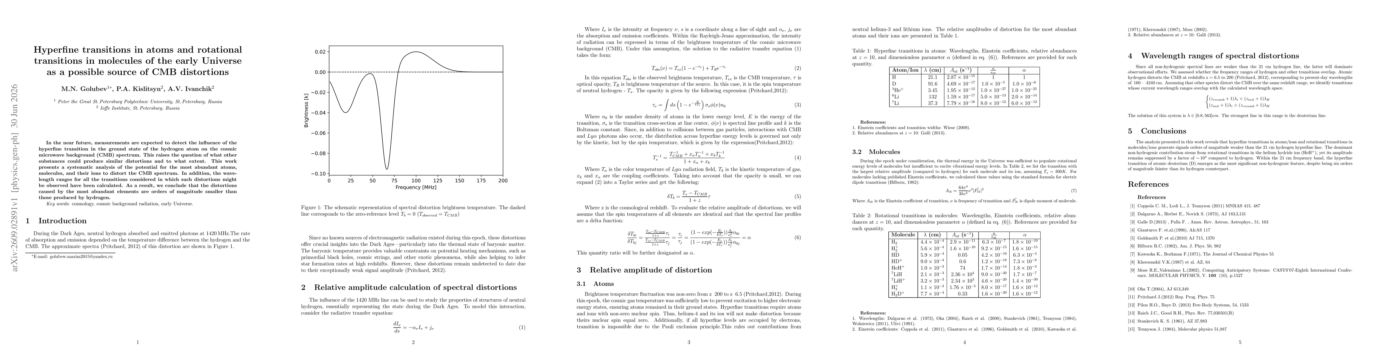 Thumbnail for Hyperfine transitions in atoms and rotational transitions in molecules of the early Universe as a possible source of CMB distortions