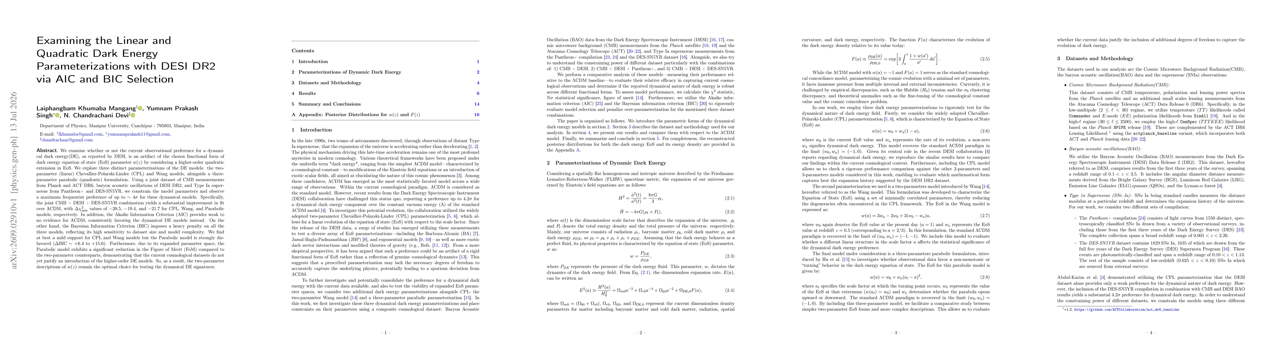 Thumbnail for Examining the Linear and Quadratic Dark Energy Parameterizations with DESI DR2 via AIC and BIC Selection