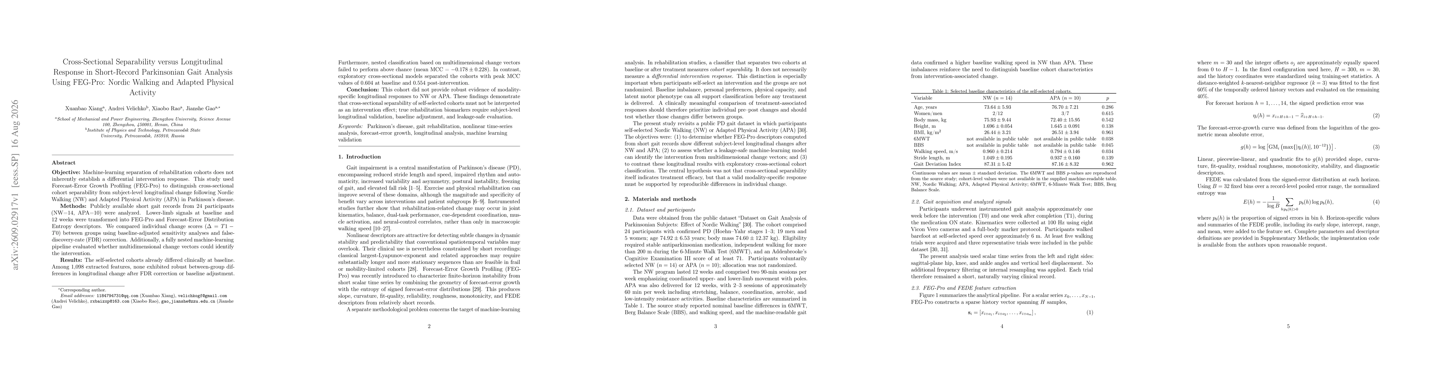 Thumbnail for Cross-Sectional Separability versus Longitudinal Response in Short-Record Parkinsonian Gait Analysis Using FEG-Pro: Nordic Walking and Adapted Physical Activity