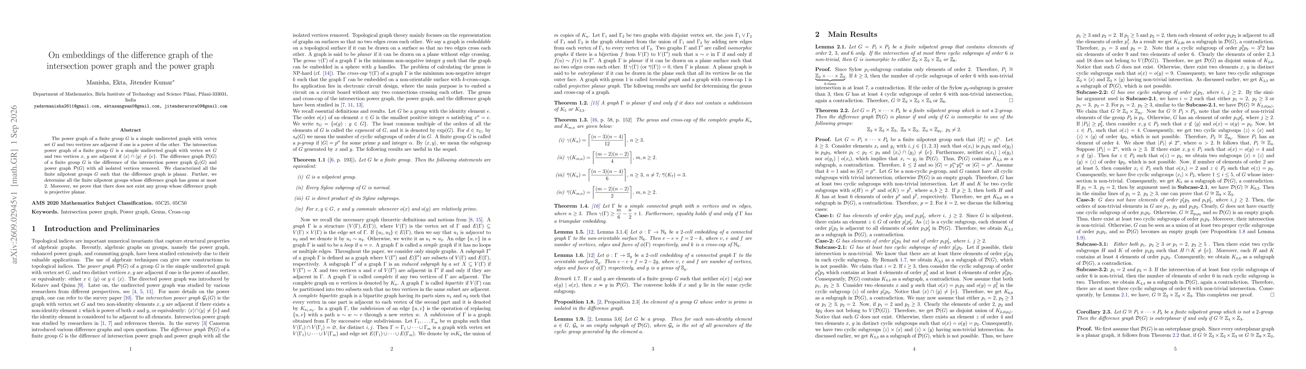 Thumbnail for On embeddings of the difference graph of the intersection power graph and the power graph
