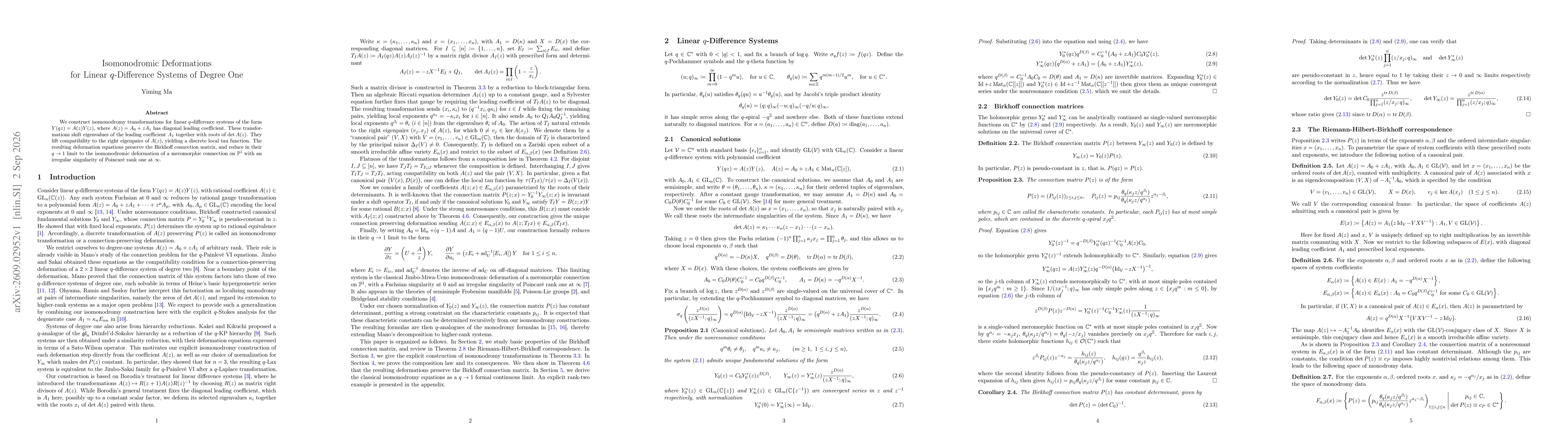 Thumbnail for Isomonodromic Deformations for Linear $q$-Difference Systems of Degree One