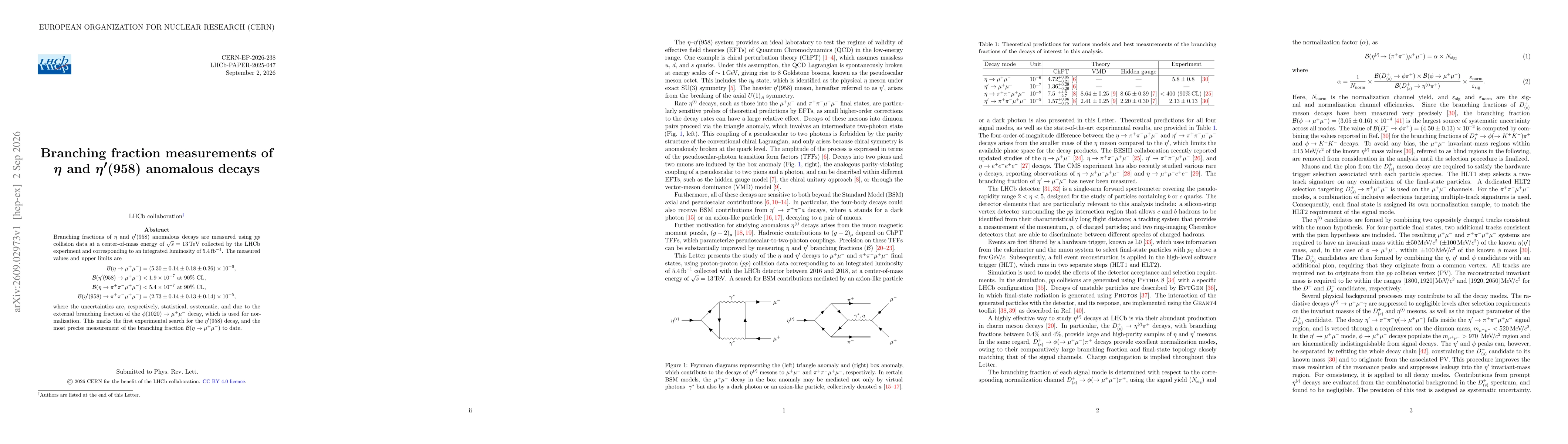 Thumbnail for Branching fraction measurements of $η$ and $η^\prime(958)$ anomalous decays