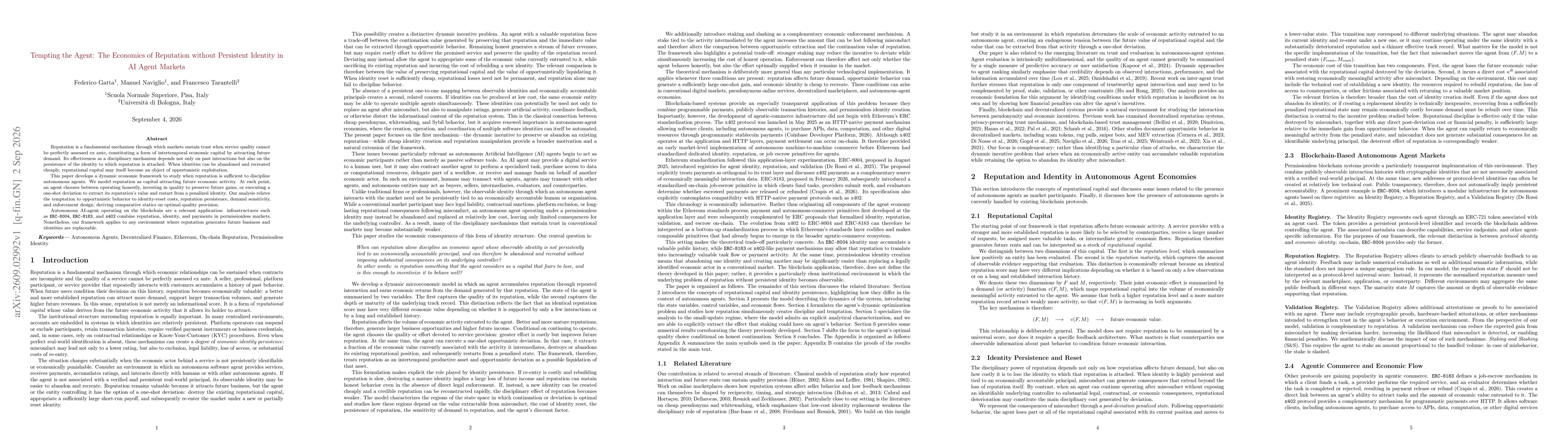 Thumbnail for Tempting the Agent: The Economics of Reputation without Persistent Identity in AI Agent Markets
