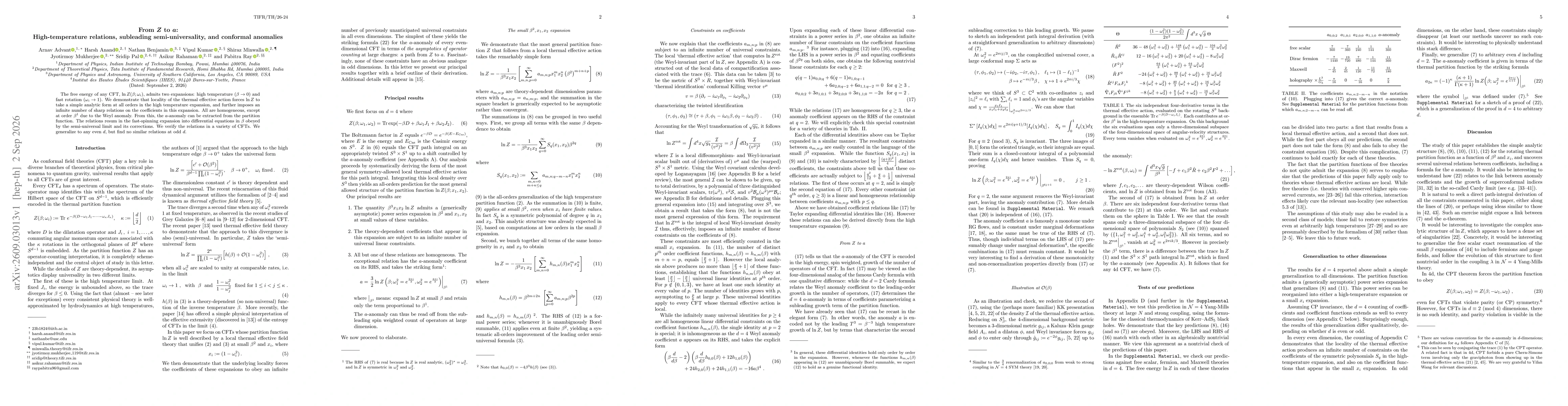 Thumbnail for From $Z$ to $a$: High-temperature relations, subleading semi-universality, and conformal anomalies