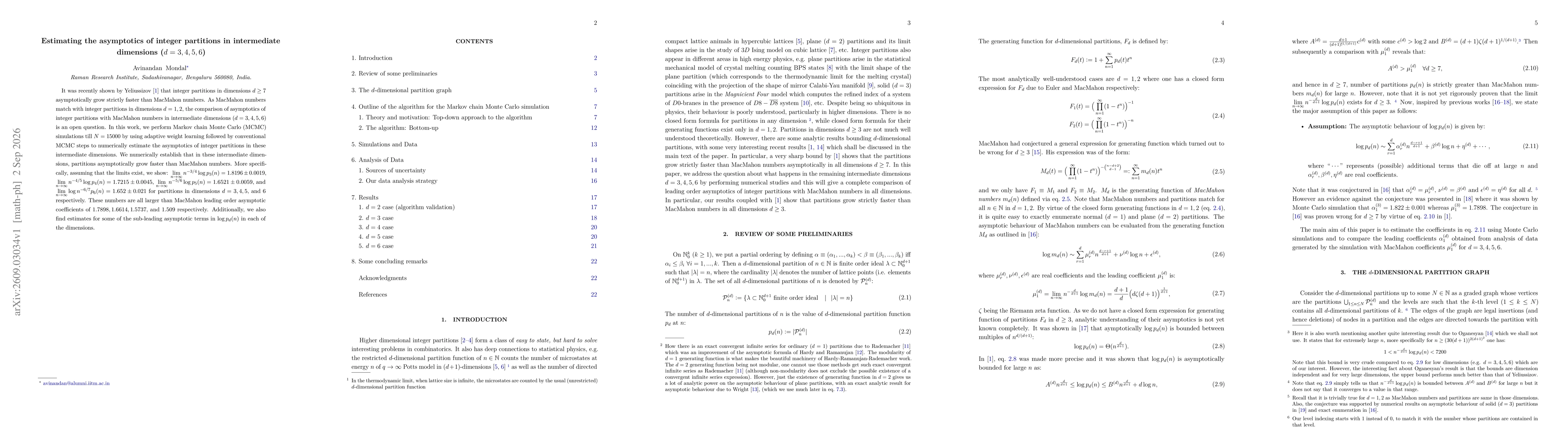 Thumbnail for Estimating the asymptotics of integer partitions in intermediate dimensions ($d = 3,4,5,6$)