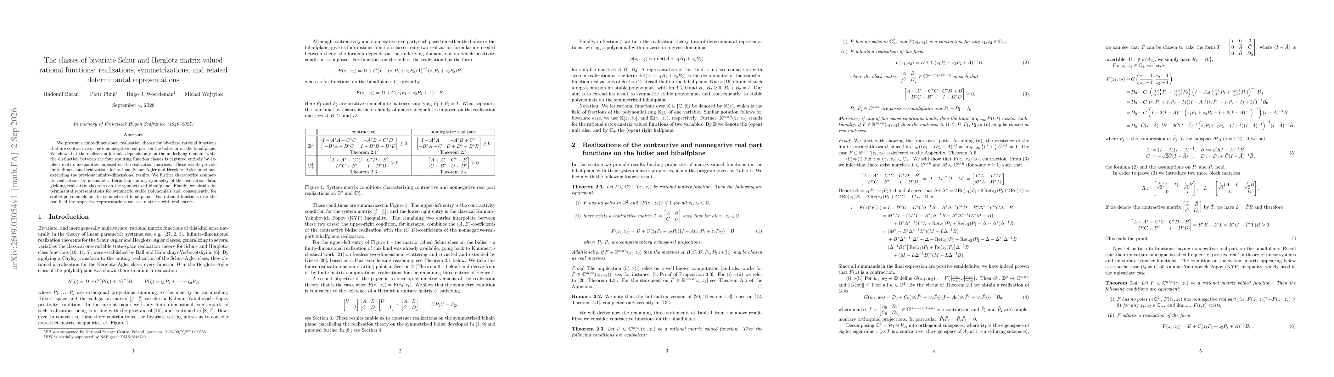 Thumbnail for The classes of bivariate Schur and Herglotz matrix-valued rational functions: realizations, symmetrizations, and related determinantal representations