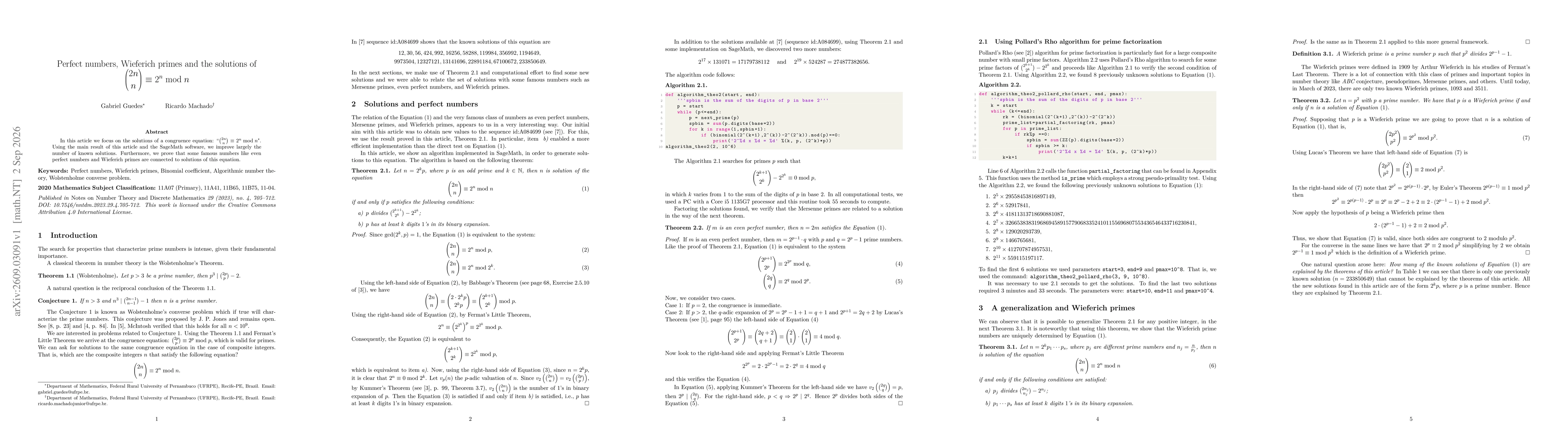 Thumbnail for Perfect numbers, Wieferich primes and the solutions of $\binom{2n}{n}\equiv 2^n \bmod n$