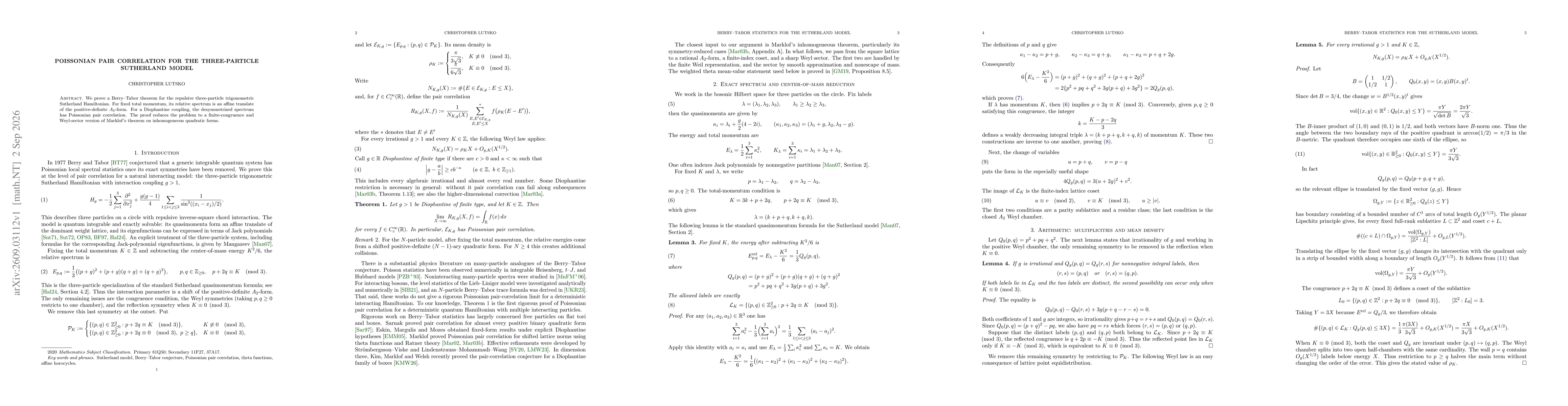 Thumbnail for Poissonian pair correlations for the three-particle Sutherland model