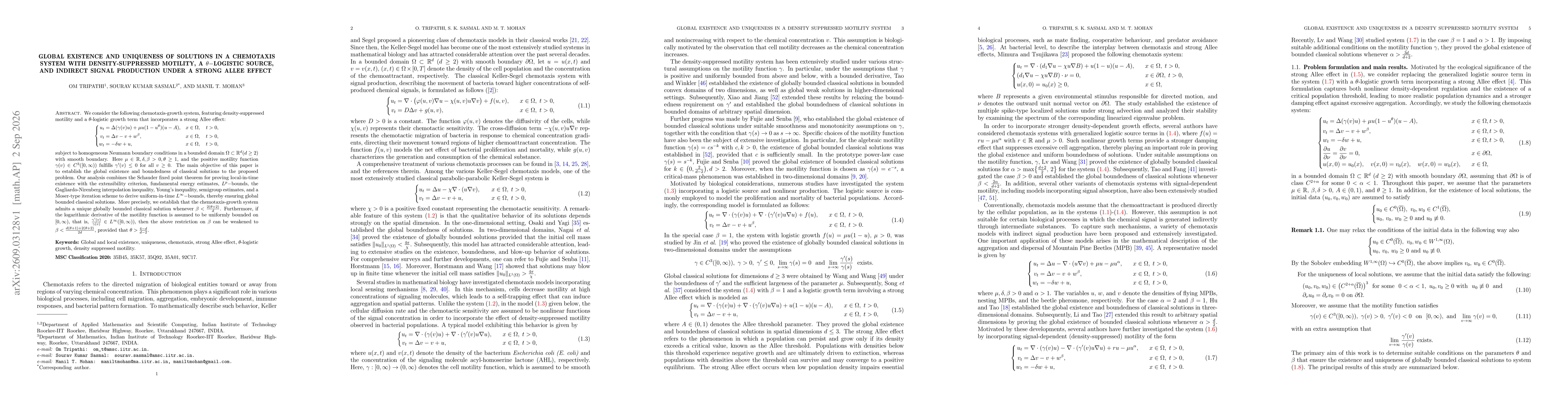 Thumbnail for Global existence and uniqueness of solutions in a chemotaxis system with density-suppressed motility, a $θ-$logistic source, and indirect signal production under a strong Allee effect
