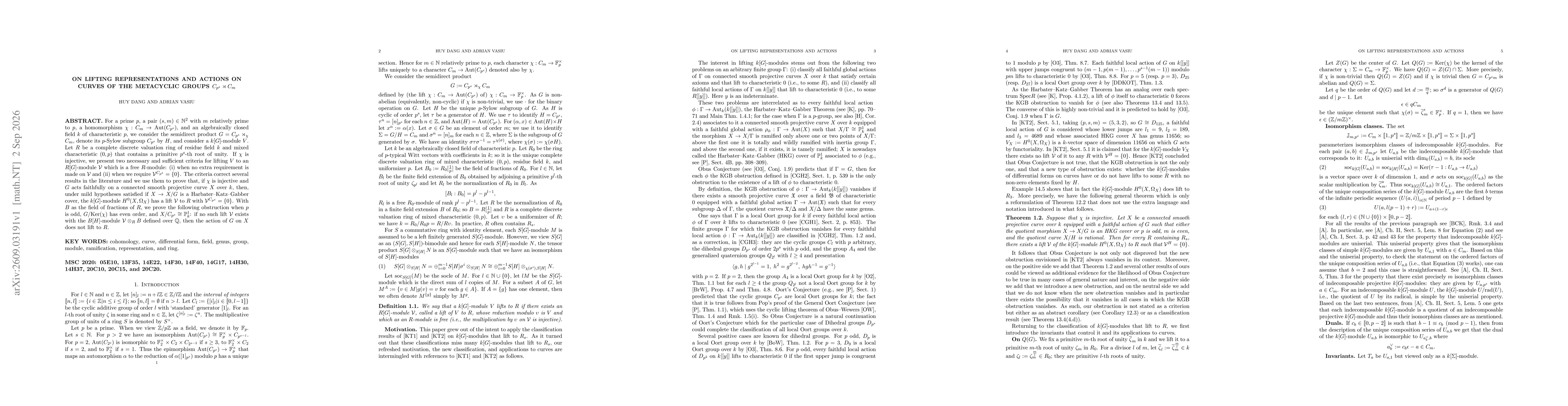 Thumbnail for On lifting representations and actions on curves of the metacyclic groups $C_{p^s}\rtimes C_m$