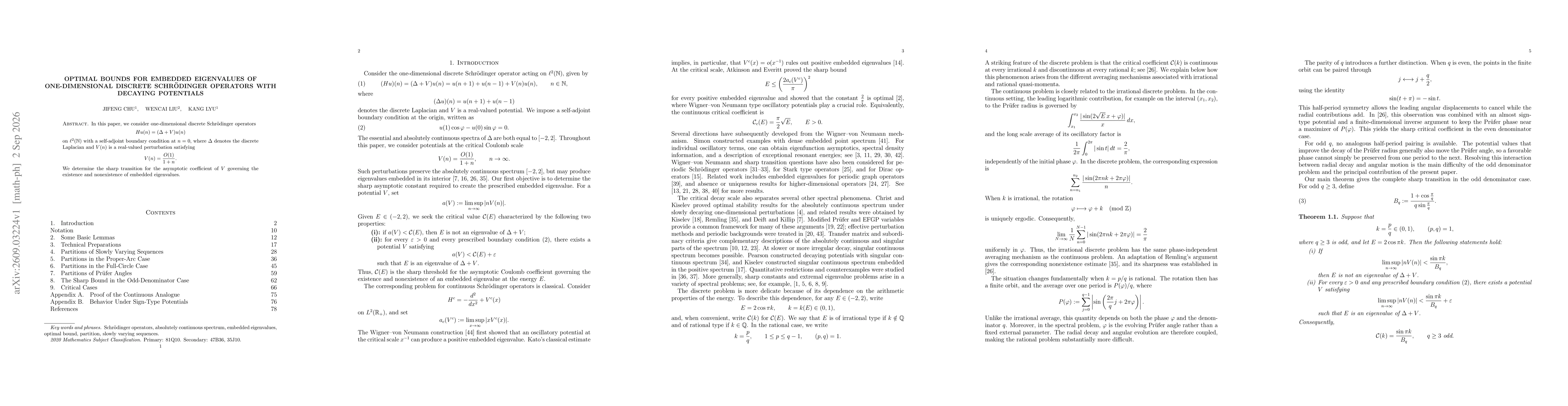 Thumbnail for Optimal bounds for embedded eigenvalues of one-dimensional discrete Schrödinger operators with decaying potentials