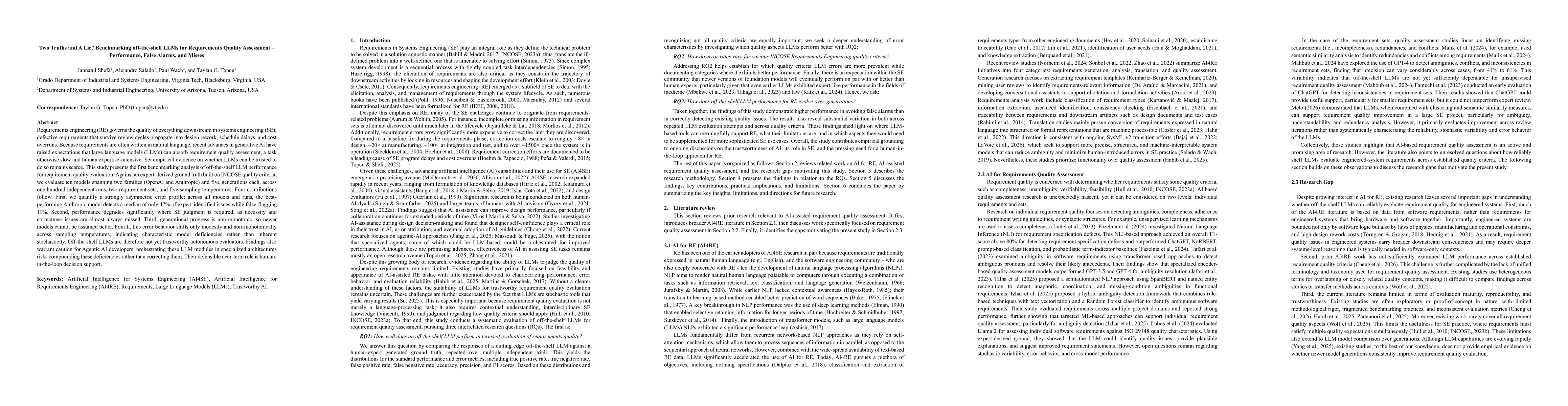 Thumbnail for Two Truths and A Lie? Benchmarking Off-the-Shelf LLMs for Requirements Quality Assessment: Performance, False Alarms, and Misses