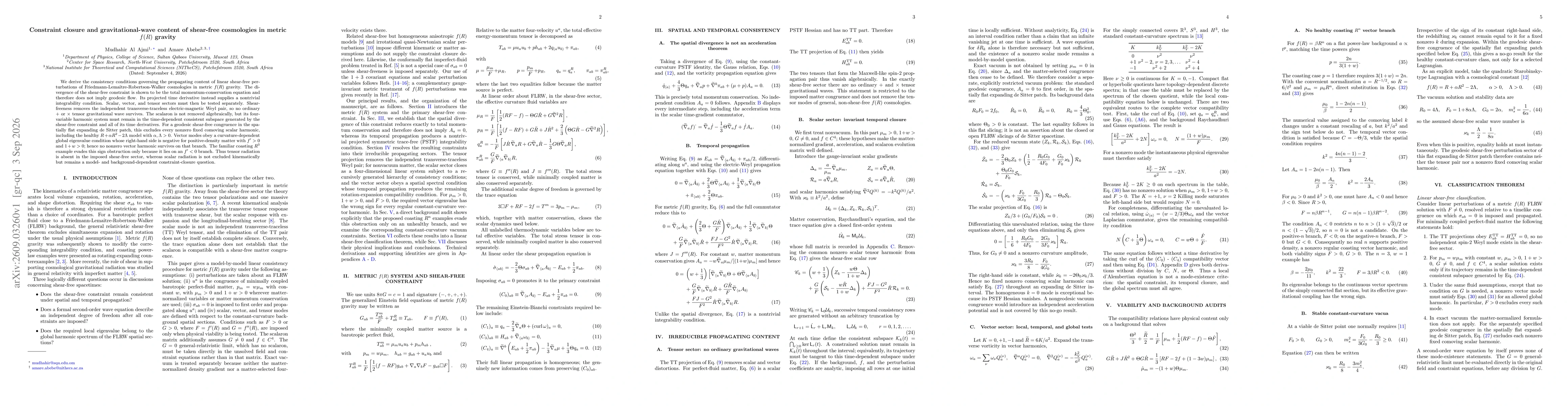 Thumbnail for Constraint closure and gravitational-wave content of shear-free cosmologies in metric f(R) gravity