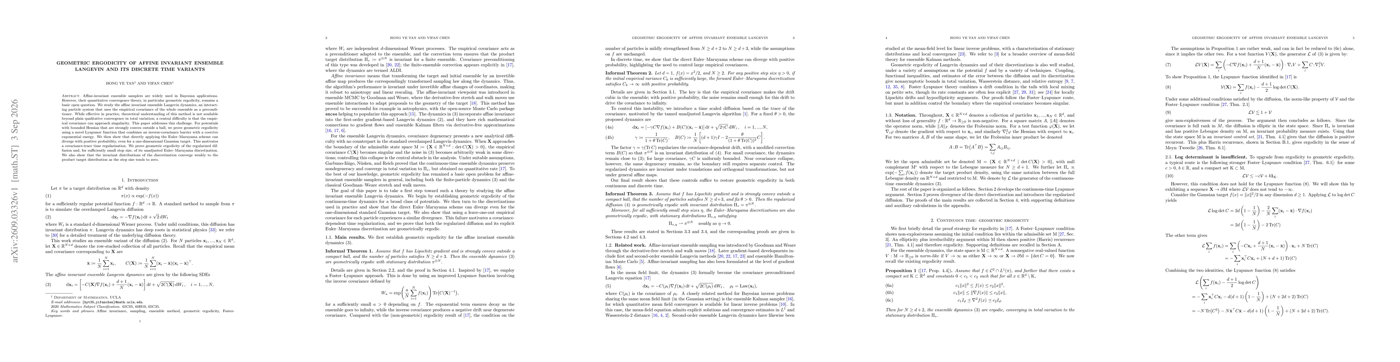 Thumbnail for Geometric Ergodicity of Affine Invariant Ensemble Langevin and its Discrete Time Variants