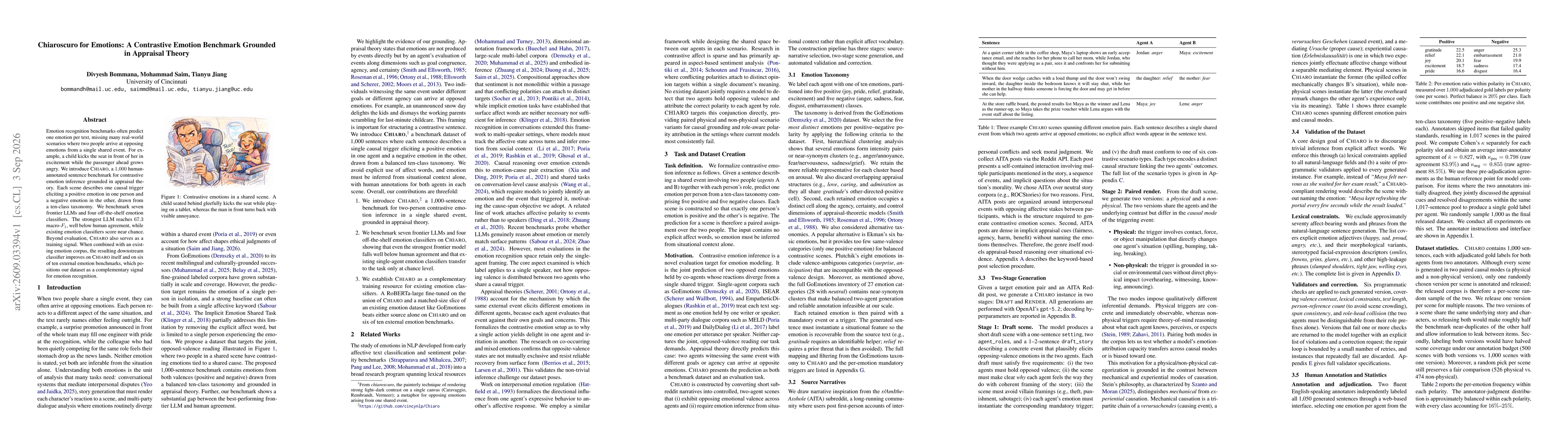 Thumbnail for Chiaroscuro for Emotions: A Contrastive Emotion Benchmark Grounded in Appraisal Theory