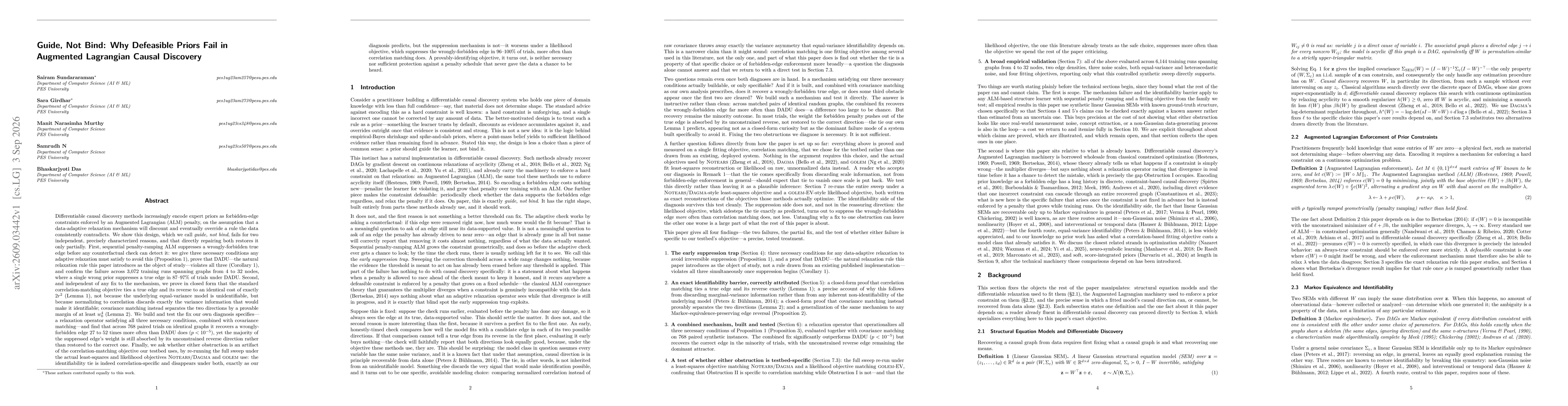 Thumbnail for Guide, Not Bind: Why Defeasible Priors Fail in Augmented Lagrangian Causal Discovery