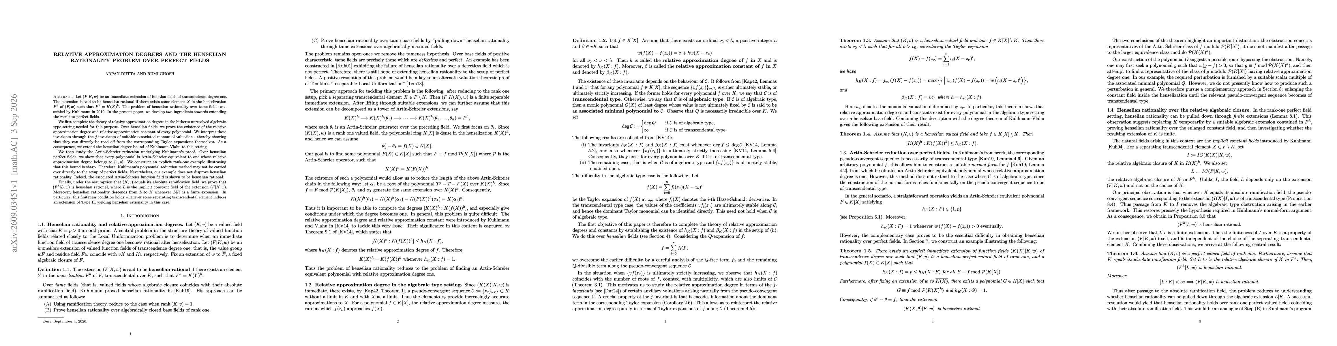 Thumbnail for Relative approximation degrees and the henselian rationality problem over perfect fields