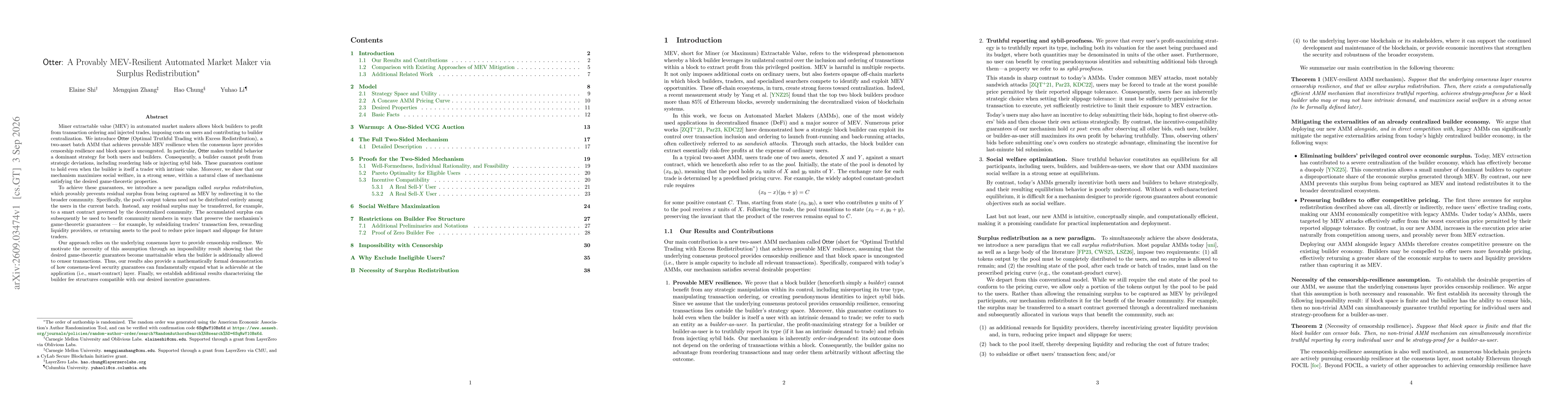 Thumbnail for Otter: A Provably MEV-Resilient Automated Market Maker via Surplus Redistribution