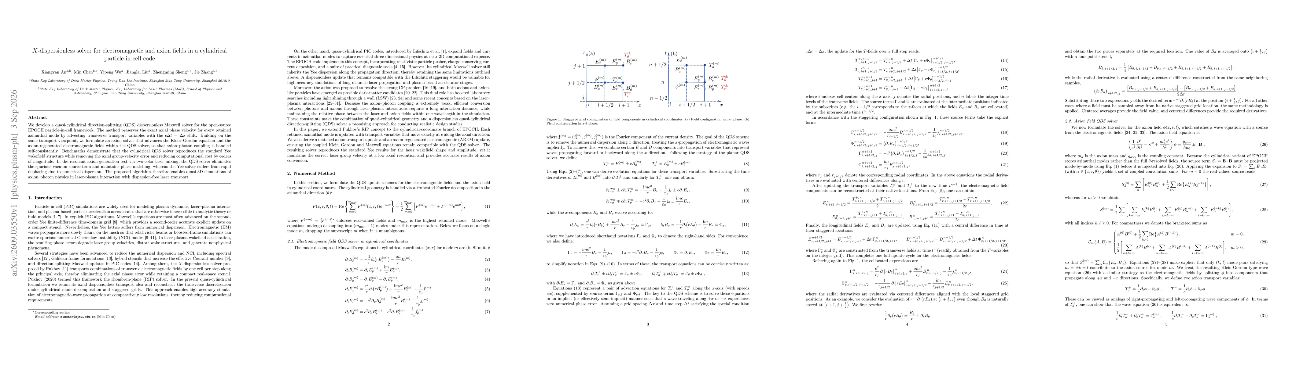 Thumbnail for $X$-dispersionless solver for electromagnetic and axion fields in a cylindrical particle-in-cell code