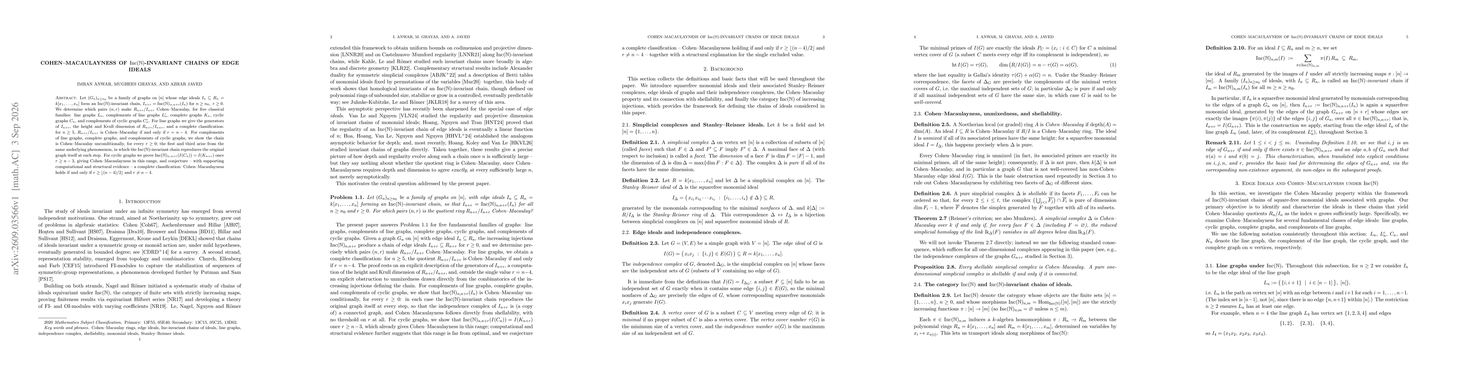 Thumbnail for Cohen--Macaulayness of $\mathrm{Inc}(\mathbb{N})$-Invariant Chains of Edge Ideals