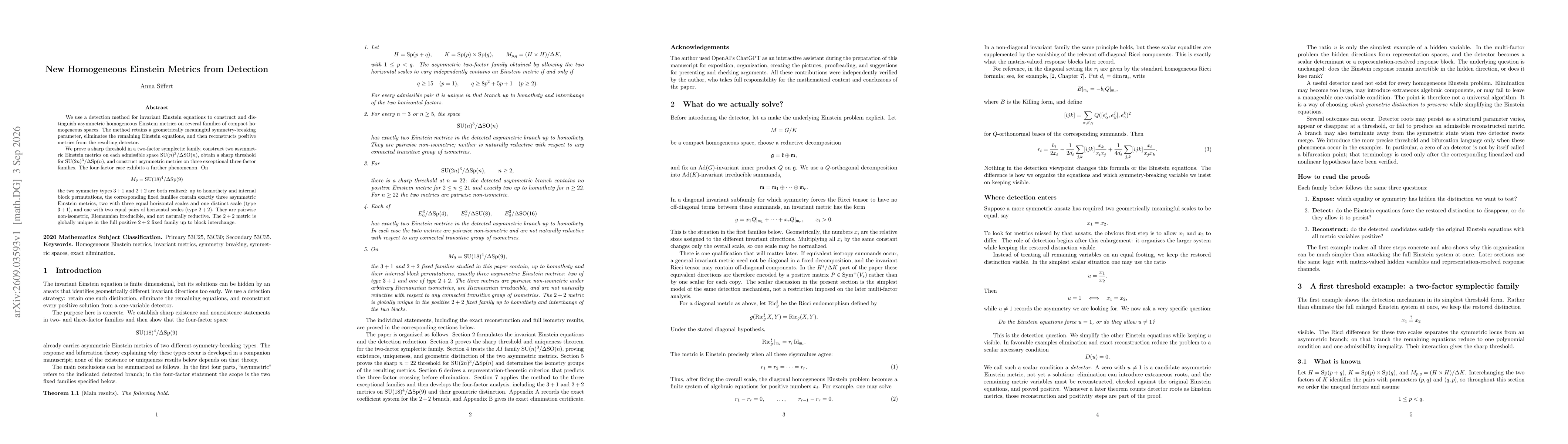 Thumbnail for New Homogeneous Einstein Metrics from Detection