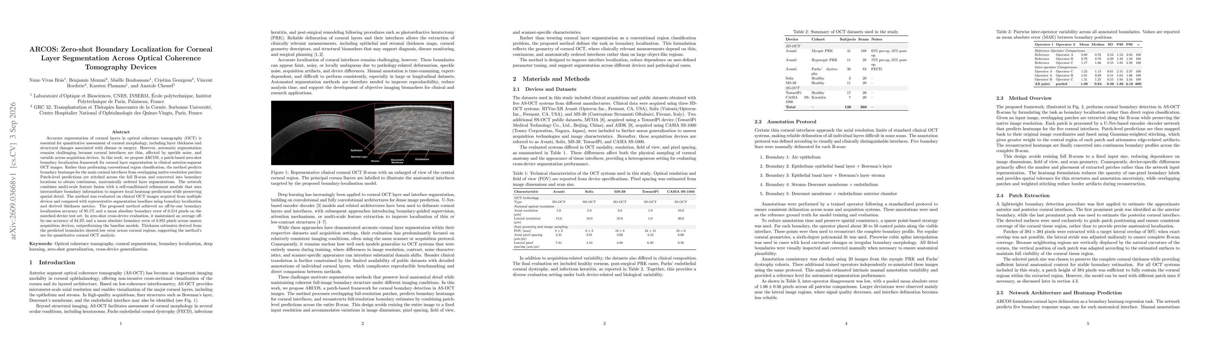 Thumbnail for ARCOS: Zero-shot Boundary Localization for Corneal Layer Segmentation Across Optical Coherence Tomography Devices