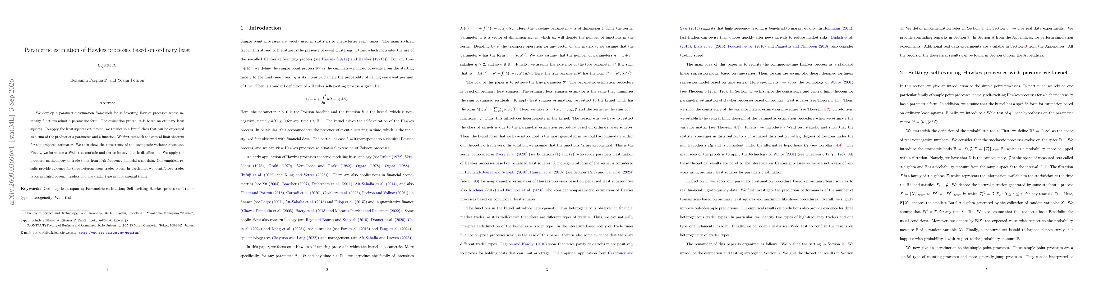 Thumbnail for Parametric estimation of Hawkes processes based on ordinary least squares